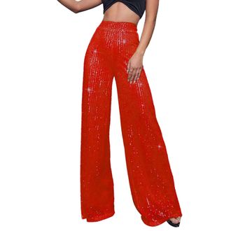 Generic Womens Casual Sparkly Sequin Pants High Waisted Wide Leg Palazzo Bell Bottom Dance Trousers Loose Fit Pull On Comfy 60s 70s 80s Magic Glitter Disco Pa