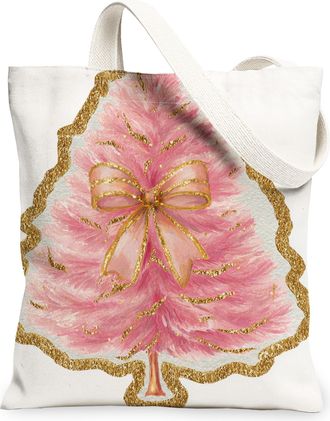 Generic Christmas Peach Tree Canvas Tote Bags, Elegant Holiday Design Reusable Grocery Bags, Vintage Lightweight Washable Shoulder, Peach, 13x15 Inch