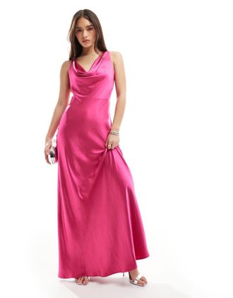 Six Stories Vestito lungo da damigella in raso rosa fucsia con scollo ad anello sul davanti