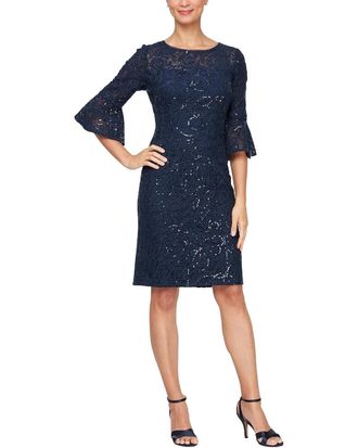 Alex Evenings Sheath Dress Womens Navy Floral Lace Bell Sleeve Party GBO3959