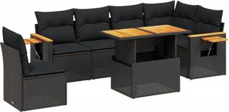 vidaXL Set De Comedor De Jard&iacute;n 7 Pzas Y Cojines Rat&aacute;n Sint&eacute;tico Negro Vidaxl