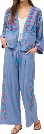 Johnny Was Elizabeth Wide Leg Pleat Pant In Light Denim Blue