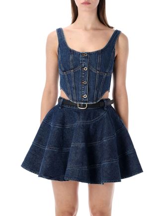 Self Portrait Contrast Stitching Curved Hem Denim Corset
