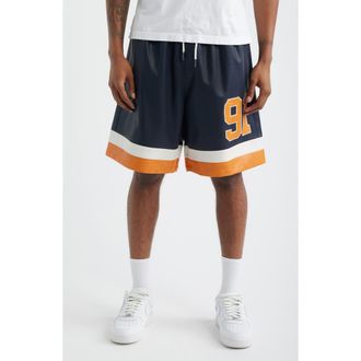 Criminal Damage Stadium Perforated Faux Leather Shorts in Navy/Orange/Ecru at Nordstrom, Size Xx-Large