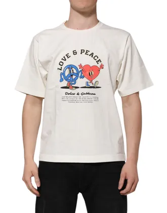 Dolce & Gabbana White Love Peace Cotton Men Crew Neck T-Shirt
