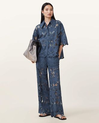 AllSaints Polyester Charli Embroidered Straight Fit Trousers, Size: UK 14/US 10