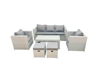 Fimous Rattan Garden Furniture Set 7 Seater Outdoor Garden Sofa Oblong Coffee Table Set with 2 Chairs 2 Stools Light Grey Mixed