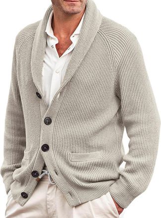 Generic Mens Long Sleeve Cardigan Jacket Mens Autumn Chunky Knitted V Neck Buttoned Cable Knit Cardigans Long Sleeve Button-Down V-Neck Collar Front Pockets M