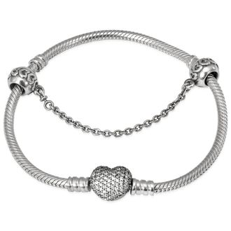 Pandora Moments Sparkling Heart Clasp Snake Chain Bracelet, Size 17