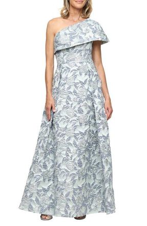 Alex Evenings One-Shoulder Floral Print Jacquard Gown in Sage Multi at Nordstrom, Size 14P