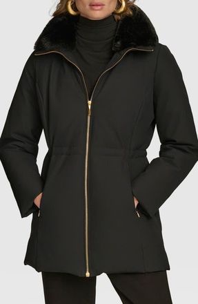 DKNY Lux Water Resistant Puffer Coat with Faux Fur Trim in Black at Nordstrom, Size X-Small