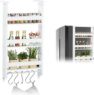 Relaxdays Relaxdays - Suspended Spice Rack for Fridge, Hanging Storage Shelf for Kitchen, Rail & 5 Hooks, mdf: 74x42x20 cm White