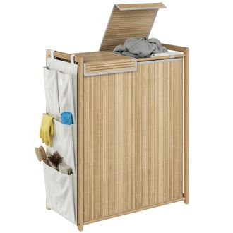 HOMCOM Homcom Cesto De Ropa Sucia De Bamb&uacute; Con Tapa, 120l, Con 2 Compartimentos, Bolsas Con Cord&oacute;n Extra&iacute;bles Y Lavables, Bolsillos Laterales, Natural