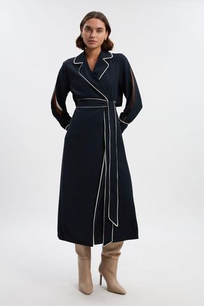 Karen Millen Womens Petite Contrast Tipping Tie Waist Long Sleeve Woven Trench Midi Dress - Navy - Size 12 UK