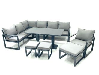 Fimous Aluminum Outdoor Garden Furniture Set Corner Sofa Chair 3 Footstools Adjustable Rising Lifting Dining Table Sets Dark Grey