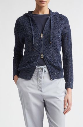 Eleventy Zip Front Cotton & Linen Blend Pointelle Cardigan in 11N New Blue at Nordstrom, Size X-Large