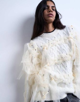 Topshop Maglione intrecciato color avorio con nastri-Bianco