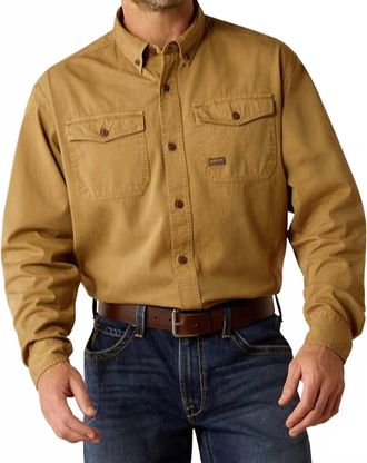 Ariat Mens Washed Twill Work Button Down Shirt In Khaki