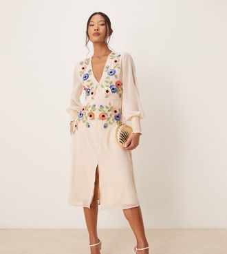 Hope & Ivy Petite long sleeve embellished maxi dress with bow back in cream-White
