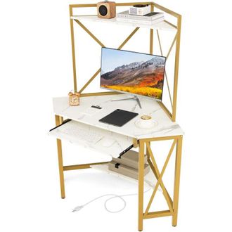 Costway Costway - Escritorio Para Computadora Con Estantes, Escritorio De Esquina Ahorra Espacio Con Bandeja Para Teclado, Mesa Triangular Para Oficina Con Ma