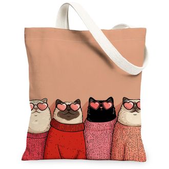 Generic Cute Cats Canvas Tote Bags, Adorable Feline Design Reusable Grocery Bags, Lightweight Washable Shoulder Strap Canvas for Tr, Peach, 13x15 Inch