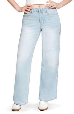 Madden Girl Bow Embroidered 90s Wide Leg Jeans in Light Wash at Nordstrom Rack, Size 11