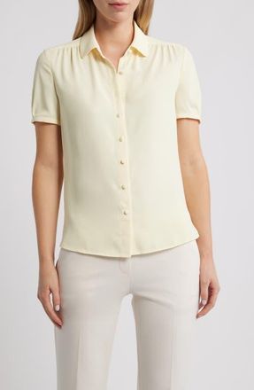 Anne Klein Shirred Short Sleeve Button-Up Shirt in Whisper Yellow at Nordstrom, Size Medium