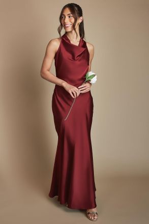 Oasis Womens Wine Cowl Halterneck Satin Maxi Bridesmaid Dress - Size 10 UK