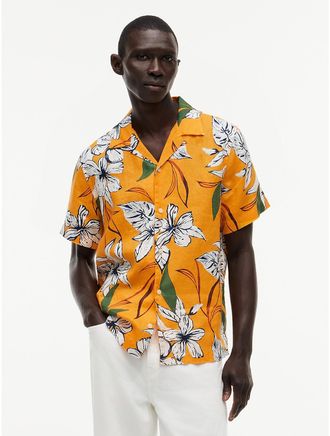 Tommy Hilfiger Mens Regular Fit Floral Linen Camp Shirt - Orange - XXL