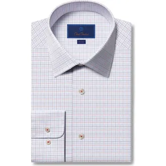David Donahue Trim Fit Check Dress Shirt in White/coral at Nordstrom, Size 17.5