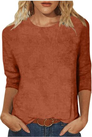 Generic Women Tops Casual Eyelet Solid Color Tshirts Summer Autumn Blouses 3/4 Sleeve Crewneck Tunic Tops UK Lounge Holiday Tee Basic Going Out Shirts Orange