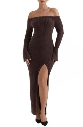 House of CB Lucena Metallic Long Sleeve Off the Shoulder Maxi Sweater Dress in Grey Lurex at Nordstrom, Size Medium
