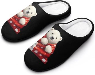 Generic Cute Bear Wrapped Canada Flag Fashion Cotton Slippers for Women Memory Foam House Slippers Non-Slip House Bedroom Shoes