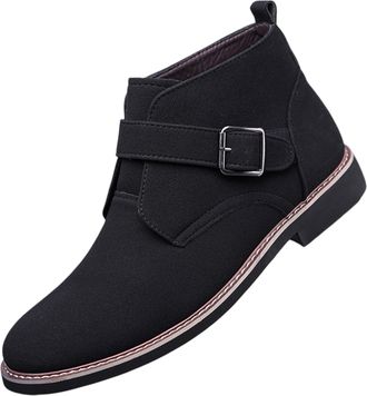 Generic Mens Suede Mid Top Ankle Boots with Monk Buckle Strap Classic Round Toe Non-Slip Block Heel Chukka Booties Wedding Office Dress Short Boots (Black,12.