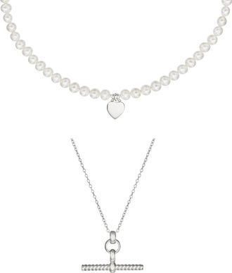 Lily & Roo Silver Twisted T-Bar and Large Pearl Personalised Heart Necklace Gift Set
