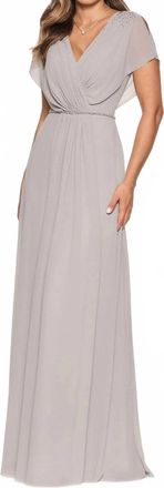 Cameron Blake Chiffon V-Neck A-Line Gown In Heather Grey