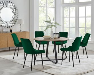 Furniturebox Santorini Brown Round Dining Table & 6 Pesaro Black Leg Chairs in Green