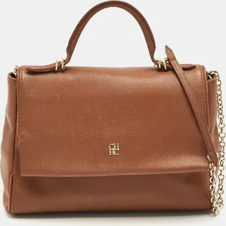 Carolina Herrera Brown Leather Minuetto Flap Top Handle Bag
