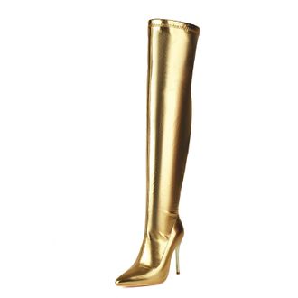 Generic Womens Sexy High Heel Over The Knee Boots Pointed Toe Thigh High Boot with Zipper PU Leather Party Prom Shoes,Gold,4.5 UK
