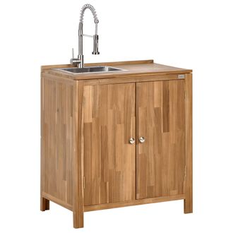 Beliani Armario De Cocina Exterior De Madera De Acacia 2 Estantes 50 X 80 X 90 Cm Encimera De Madera Maciza Fregadero Grifo De Acero Inoxidable Marr&oacute;n Y Plate