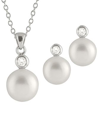 Splendid Pearls Silver 8-8.5Mm Freshwater Pearl & Cz Earrings & Necklace Set