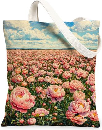 Generic Spring Peony Flower Canvas Tote Bag for Shopping 13x15, Florals Landscape Reusable Grocery Print Bag for Women, Nature Scenic Beach Aesthetic Painting