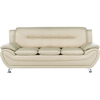 Beliani 3 Seater Sofa Beige Vegan Eco Leather Couch Arms Silver Metal Legs Easy Clean Modern Glam Style Living Room LEIRA
