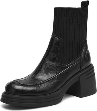 Generic Womens PU Leather Ankle Boots Round Toe Knitted Cuff Chunky Block Heels Comfortable Slip-Resistant Durable Retro Casual Daily Office Work Shoes,Black,