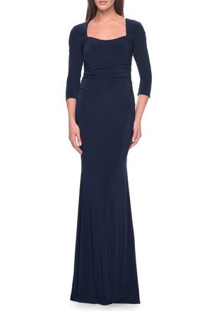 La Femme Long Jersey Evening Dress with Square Neckline and Sleeves in Navy at Nordstrom, Size 14