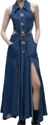 Urban Revivo Cut Out Stretchy Sleeveless Maxi Denim Dress With Artistic Buttons In Blue