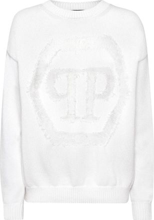 Philipp Plein Gebreide Pullover Ronde Hals Lange Mouw Hexagon - Dames - Ronde hals truien - Wit - M - Katoen - Truien & Vesten