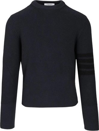 Thom Browne Cotton Cardigan Stitch 4-Bar Pullover - Heren - Ronde hals truien - Blauw - L - Katoen - Truien & Vesten