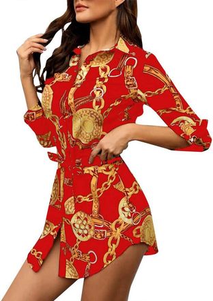 Generic Casual Dress for Women UK - Womens Long Sleeve Shirt Dress - Ladies Button Through Dress Shirt Dress Size 18 Short Dresses Sexy Tunic Dresses Work Dre