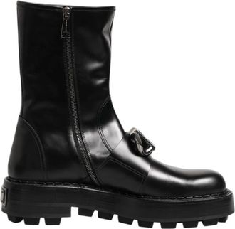 Dolce & Gabbana Zwarte Logo Plaque Biker Boots - Heren - Enkellaarsjes - Zwart - 44 EU - Schoenen